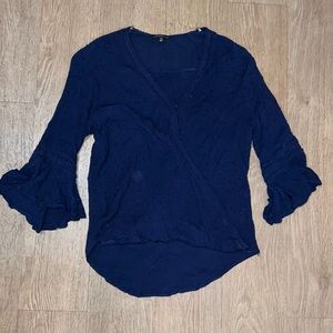 Navy blue faux wrap blouse with 3/4 sleeves